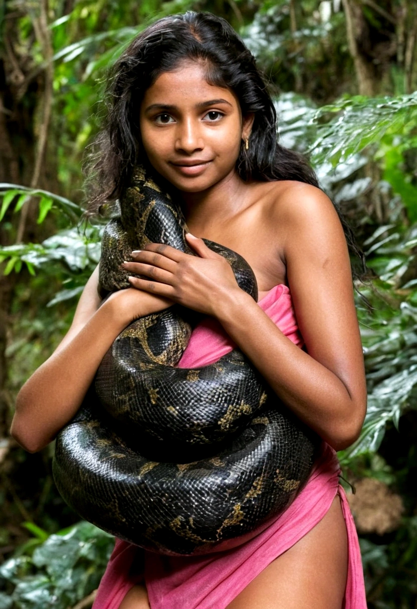  Topless  pink thong wearing aroused horny beautiful happy young Indian  girl vs  Giant black anaconda monster wrapped around her body squeezing her in coiled embrace cuddling and kissing  sexual erotic bestiality  sex  realistic in the rainforest full body, best quality wet 