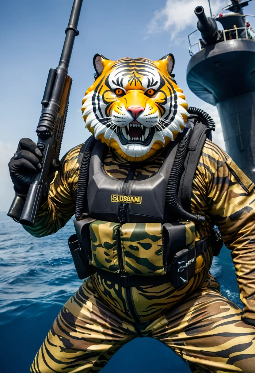 (a dark-skinned fat old man in a bulky camouflage zipper diver suit) shooting with a rifle and (wearing roaring siberian tiger mask that show the wearer eyes), diving under the sea with navy submarine in the background, muscular, Basuki Abdullah, sumatraism, action, a character portrait, heroic, fierce, snarling

