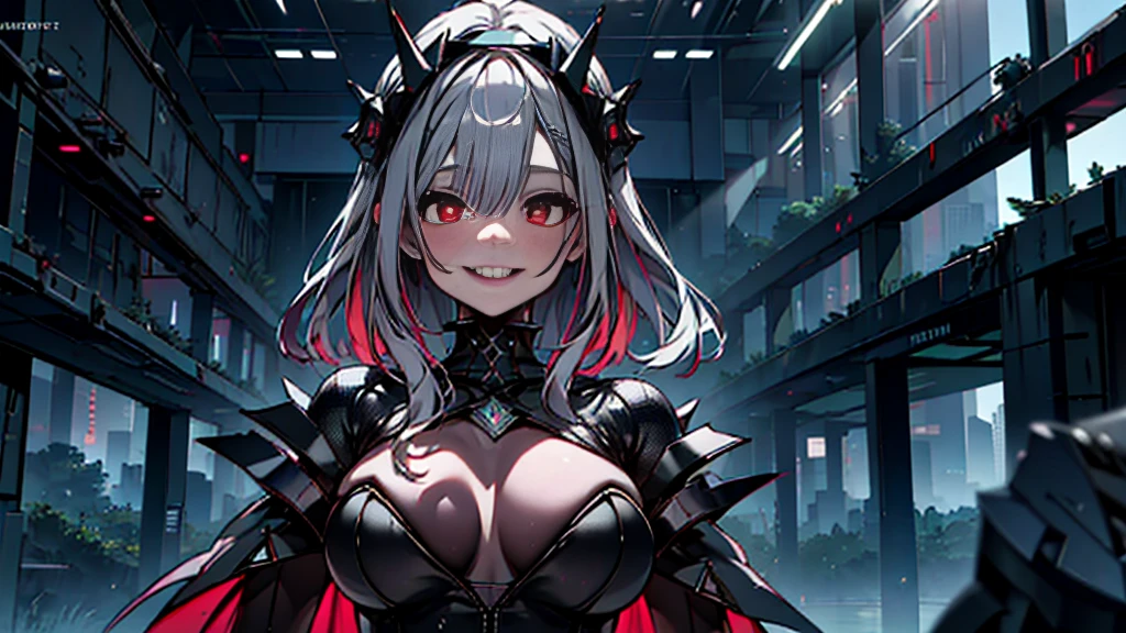 ((Best quality)), ((masterpiece)), (detailed:1.4), 3D, an image of a beautiful cyberpunk female, Yandere , Yandere Face , Trance , Trance Eyes , yameroyandere , constricted pupils , yandere , empty eyes . shaded face , crazy eyes , glowing red eyes , crazy smile , Marian, glowing eyes , long silver hair , Black Dress , Red Eyes, Black undercloth, large breasts, HDR (High Dynamic Range),Ray Tracing,NVIDIA RTX,Super-Resolution,Unreal 5,Subsurface scattering,PBR Texturing,Post-processing,Anisotropic Filtering,Depth-of-field,Maximum clarity and sharpness,Multi-layered textures,Albedo and Specular maps,Surface shading,Accurate simulation of light-material interaction,Perfect proportions,Octane Render,Two-tone lighting,Wide aperture,Low ISO,White balance,Rule of thirds,8K RAW,