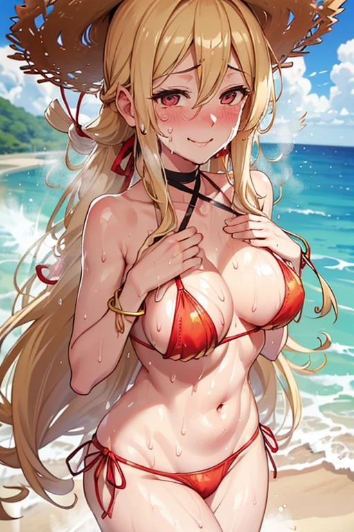 28 yeas old, woman, blonde hair, long hair, straw hat, slim, beautiful bust, narrow red eyes, cute,
(embarrassed, blush:1.2), (ecstasy:0.4), (think:1.8), (smile:1.5), (sweat:2), t-shirt, See-through, micro bikini, ribbon, frills, shirt, handcuffs, frontal, standing, sandals, spread legs, beachside, bracelet