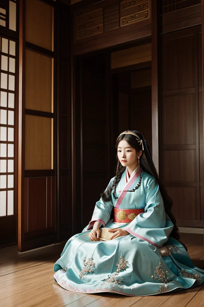 A korean historical princess with long hair and luxurious hanbok dress in palace