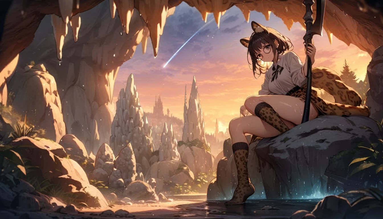 ((best quality)), ((highly detailed)), masterpiece, , (1girl), (glasses), full body, ((wet knee socks)), -(leopard girl, brown eyes), leopard ears, leopard-print fur, (outdoors, in a dark stone cave, stalagmite, stalactites, twilight, shooting star, sunnyday), scythe, holding scythe