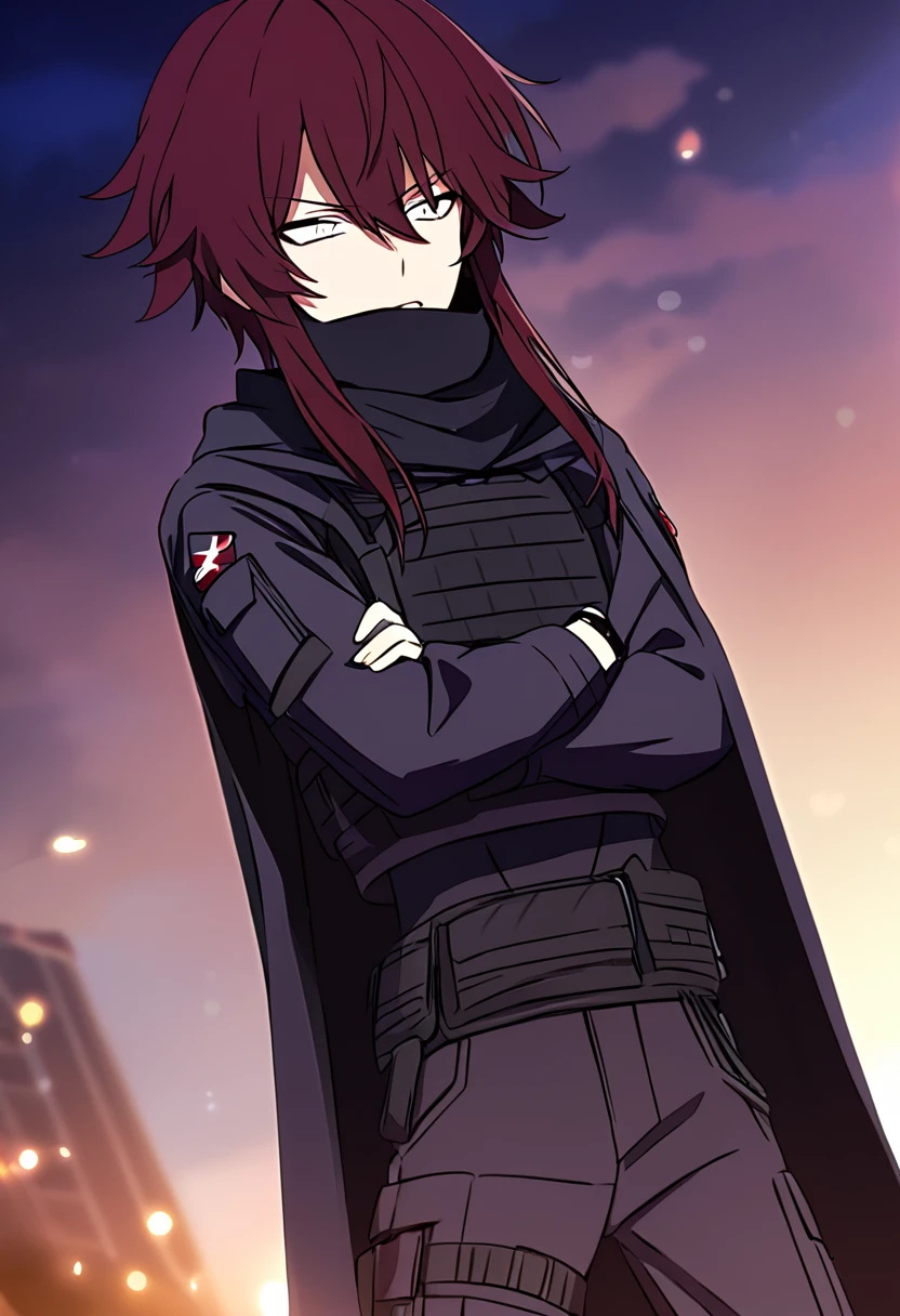 Anime male, black messy hair, white eyes, black facemask covering both mouth and nose, black hoodie, black long scarf, black cloak, tactical vest, black pants, black shirt, serious face expression, (best quality), Tactical outfit, one person, cool