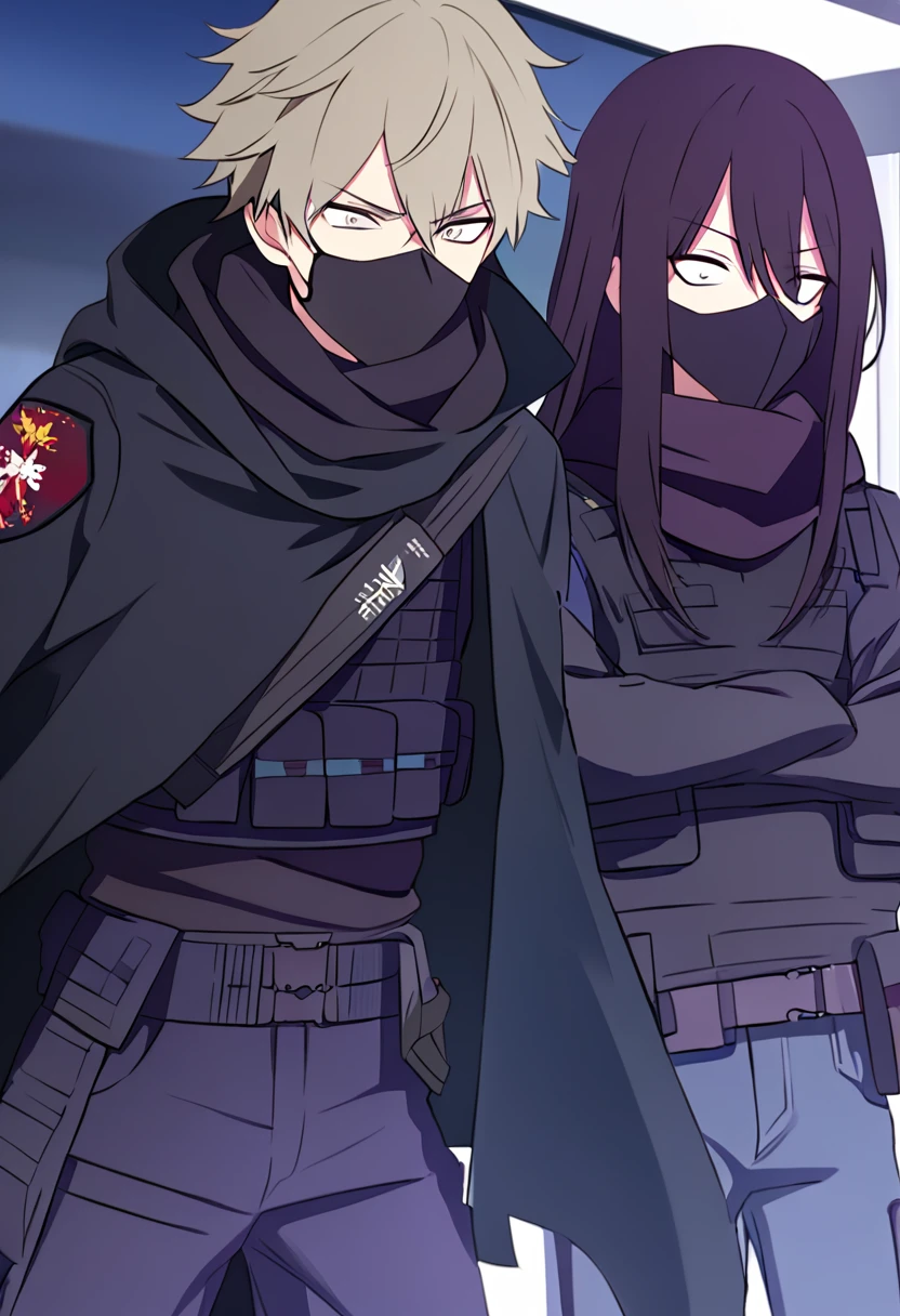 Anime male, black messy hair, white eyes, black facemask covering both mouth and nose, black hoodie, black long scarf, black cloak, tactical vest, black pants, black shirt, serious face expression, (best quality), Tactical outfit, one person, cool