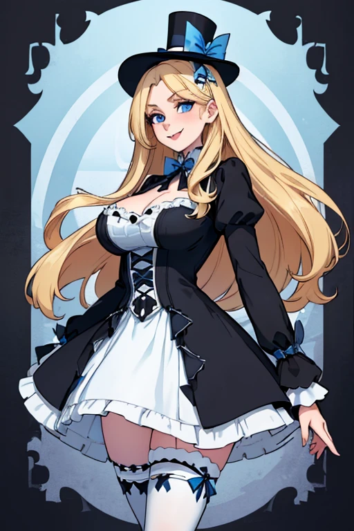 female, blonde long hair with blue bow, blue eyes, pale skin, (((1girl))), (((black long sleeve gothic dress with white trim))), (blue bows), (white and blue striped stockings), (black Mary Jane shoes), (black top hat with blue trim), cute and sexy, full body, big breasts, long legs, smiling