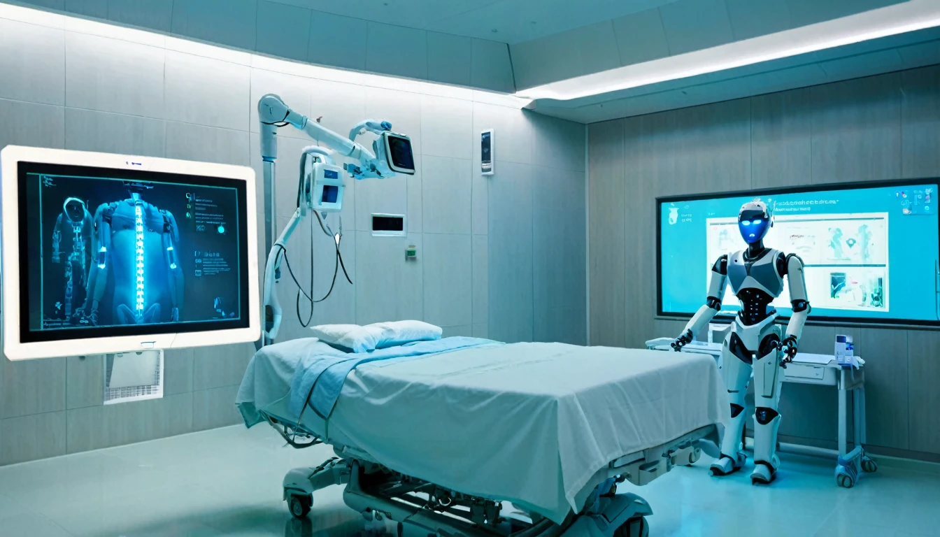 A robot assistant helping a doctor in a futuristic hospital. The robot is equipped with advanced medical tools and displays patient data on an integrated screen. The hospital room is filled with high-tech medical equipment and has a clean, sterile design with soft lighting."
Elements: Robot, healthcare, doctor, medical equipment.