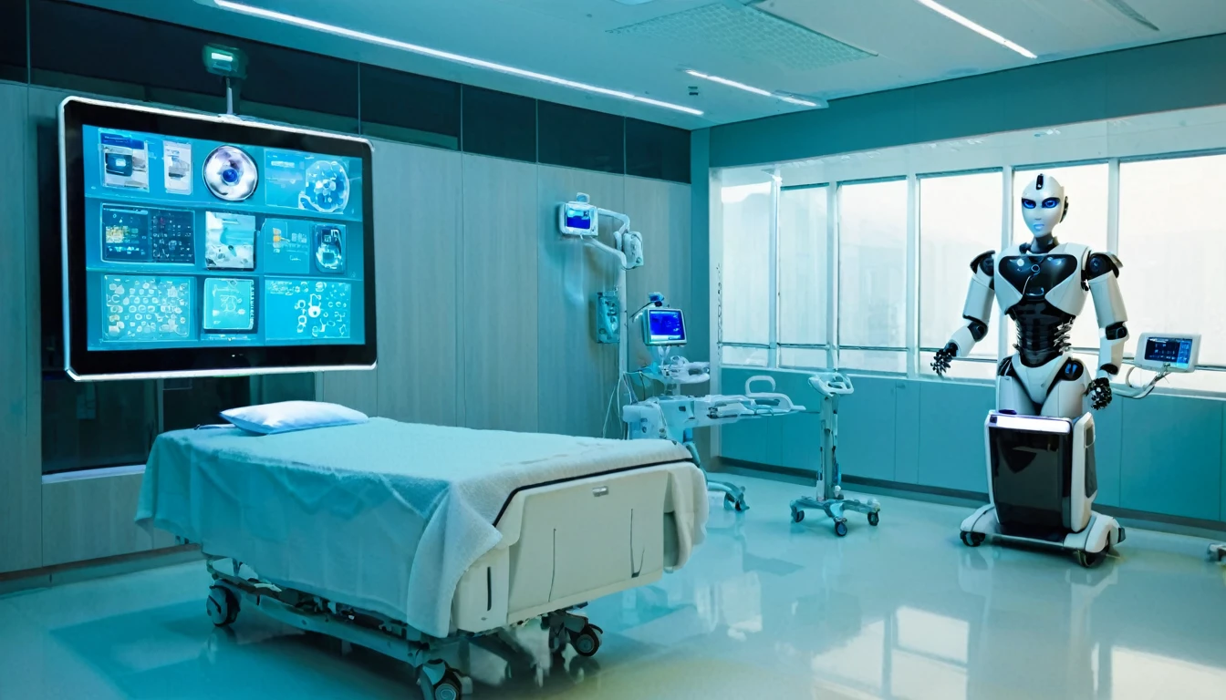 A robot assistant helping a doctor in a futuristic hospital. The robot is equipped with advanced medical tools and displays patient data on an integrated screen. The hospital room is filled with high-tech medical equipment and has a clean, sterile design with soft lighting."
Elements: Robot, healthcare, doctor, medical equipment.