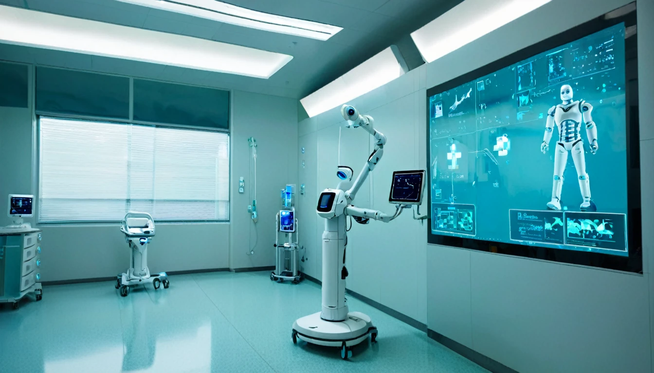 A robot assistant helping a doctor in a futuristic hospital. The robot is equipped with advanced medical tools and displays patient data on an integrated screen. The hospital room is filled with high-tech medical equipment and has a clean, sterile design with soft lighting."
Elements: Robot, healthcare, doctor, medical equipment.