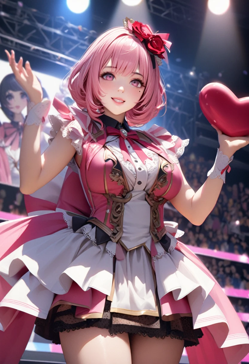 One Girl、Looking at the audience、
Beautiful pink eyes、Pink bob hair、,Her name is Mei, Mole under the eye、Plump and glossy lips、Heart-shaped choca、Idol、Her name is Rico,smile、ー、。.。.。.。.。.。.。.。.。.。.。.。.。.。.。.。.。.。.3D、Realistic、
IDOL costumes、Short skirt,Drape clothes、gem、The decoration has been removed、Floral、Lace trim,On a glittering stage、
masterpiece、highest quality、8k、Detailed skin texture、Detailed cloth texture、Beautifully detailed face、Intricate details、Very detailed、
超A high resolution、8k Ultra HD、Film Grain、Best Shadow、delicate、Gazing at the audience、front