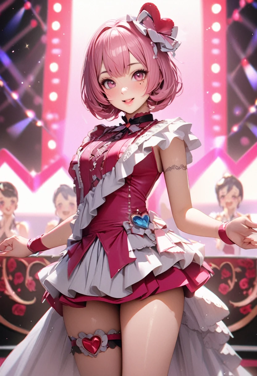 Otori emu, colorfull stage, wonderlandsShowtime, pink hair, left eye wink, white dress with blue details, singing on stage, red lips, bright pink eyes, white gloves, pink choker