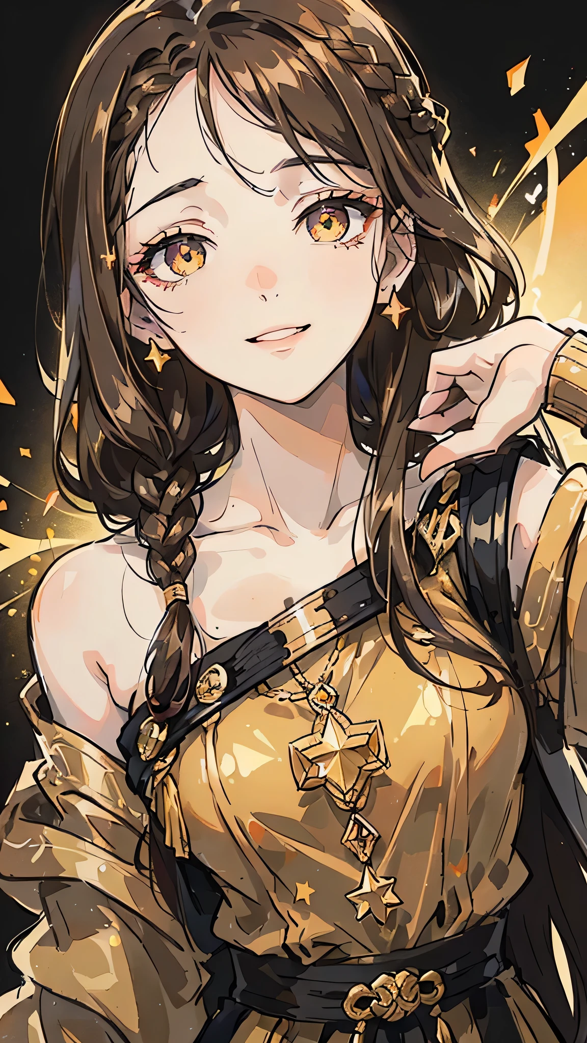 Woman , FOV, f1.8, masterpiece, front portrait shot, black and gold casual modern clothing, plain gold colored background, close up, smiling, front bangs, braid on the left side of hair, ( Woman))( ( golden colored eye in the right eye) ) ( (dark gray eye in the left eye) ) ( ( star-shaped pupil in the left eye) ), ( ( dark brown hair in the half right side of hair) ), ( (light brown hair in the half left side of hair ) ), ( (split dyed hair ) ) , star shaped eye pupil, white colored eye pupil
