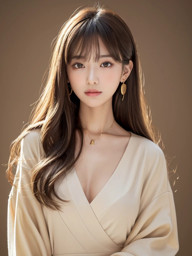  ((Highest quality, 8K, masterpiece:1.3)), concentrate: 1.2, Perfect body beauty: 1.4, Hips: 1.2, ((Long Hair, chest: 1.2)), (Dry clothes: 1.1) , (clear, Simple Background:1.3), Simple clothes: 1.1, Highly detailed face and skin texture,Delicate eyes, double eyelid, Whitened skin, Rough skin、Long Hair、Earrings with bangs、necklace、 solo、Beige coat、White shirt,  (((Beautiful girl with cute Japan)))、  ((Beautiful Japanese girl 20 years old))、 (())、 (((Slender body)))、  Upper Body，Face focus、necklace，Simple Background，From above， Realistic Hair、 A photograph was taken:Canon EOS R6、135mm、1/1250 seconds、f2.8、ISO400、(Detailed explanation of the hand)、(Masseter muscle area)、(Exquisite CG)、Long Hair, loose and curly hair、Korean Hair、Long Hair明るいベージュ色、グラデーションハイライトグレージュのゆるふわLong Hairスタイル、