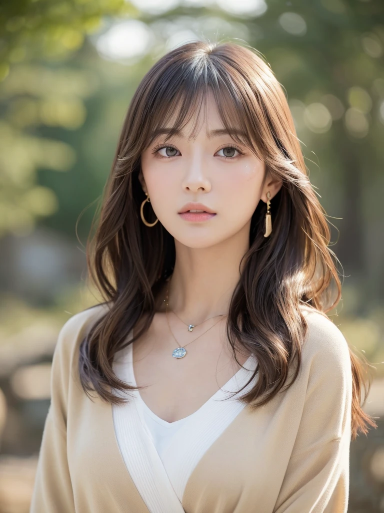  ((Highest quality, 8K, masterpiece:1.3)), concentrate: 1.2, Perfect body beauty: 1.4, Hips: 1.2, ((Long Hair, chest: 1.2)), (Dry clothes: 1.1) , (clear, Simple Background:1.3), Simple clothes: 1.1, Highly detailed face and skin texture,Delicate eyes, double eyelid, Whitened skin, Rough skin、Long Hair、Earrings with bangs、necklace、 solo、Beige coat、White shirt,  (((Beautiful girl with cute Japan)))、  ((Beautiful Japanese girl 20 years old))、 ((Baby Face))、 (((Slender body)))、  Upper Body，Face focus、necklace，Simple Background，From above， Realistic Hair、 A photograph was taken:Canon EOS R6、135mm、1/1250 seconds、f2.8、ISO400、(Detailed explanation of the hand)、(Masseter muscle area)、(Exquisite CG)、Long Hair, loose and curly hair、Korean Hair、Long Hair明るいベージュ色、グラデーションハイライトグレージュのゆるふわLong Hairスタイル、