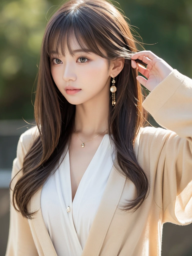  ((Highest quality, 8k, masterpiece:1.3)), concentrate: 1.2, Perfect body beauty: 1.4, Hips: 1.2, ((Long Hair, chest: 1.2)), (Dry clothes: 1.1) , (clear, Simple Background:1.3), Simple clothes: 1.1, Highly detailed face and skin texture,Delicate eyes, double eyelid, Whitened skin, Rough skin、Long Hair、bangs、Simple earrings、necklace、 solo、Beige coat、White shirt,  (((Cute and beautiful Japan)))、  ((Beautiful 20-year-old Japanese))、 ((Baby Face))、 (((Slender body)))、  Upper Body，Face focus、necklace，Simple Background，From above， Realistic Hair、 A photograph was taken:Canon EOS R6、135mm、1/1250 seconds、f2.8、ISO400、(Detailed explanation of the hand)、(Masseter muscle area)、(Exquisite CG)、Long Hair, loose and curly hair、Korean Hair、Long Hair明るいベージュ色、グラデーションハイライトグレージュのゆるふわLong Hairスタイル、