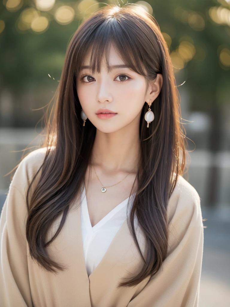  ((Highest quality, 8K, masterpiece:1.3)), concentrate: 1.2, Perfect body beauty: 1.4, Hips: 1.2, ((Long Hair, chest: 1.2)), (Dry clothes: 1.1) , (clear, Simple Background:1.3), Simple clothes: 1.1, Highly detailed face and skin texture,Delicate eyes, double eyelid, Whitened skin, Rough skin、Long Hair、Earrings with bangs、necklace、 solo、Beige coat、White shirt,  (((Beautiful girl with cute Japan)))、  ((Beautiful Japanese girl 20 years old))、 ((Baby Face))、 (((Slender body)))、  Upper Body，Face focus、necklace，Simple Background，From above， Realistic Hair、 A photograph was taken:Canon EOS R6、135mm、1/1250 seconds、f2.8、ISO400、(Detailed explanation of the hand)、(Masseter muscle area)、(Exquisite CG)、Long Hair, loose and curly hair、Korean Hair、Long Hair明るいベージュ色、グラデーションハイライトグレージュのゆるふわLong Hairスタイル、