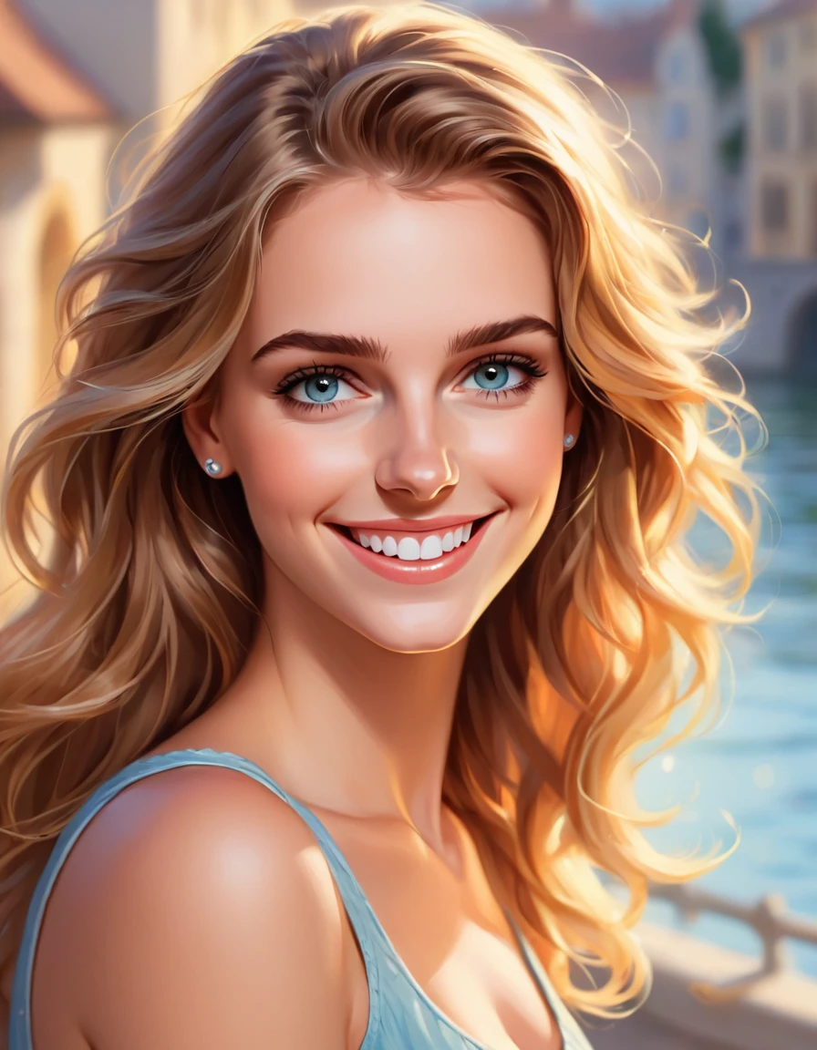 a young woman, smile on her face ,fine details