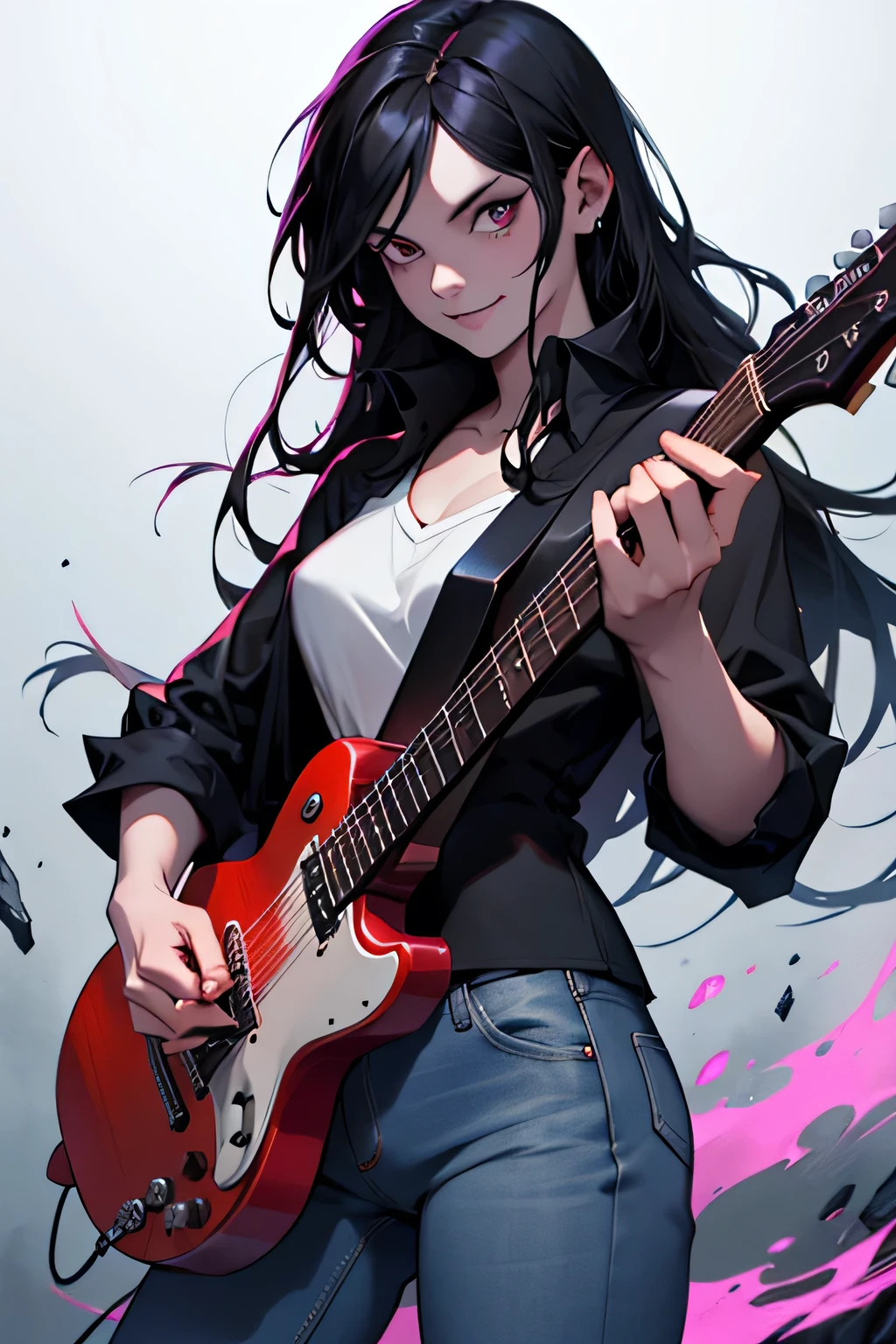 Hora da Aventura, Marceline, flutuando no ar com sua guitarra vermelha,A young woman, long flowing black hair, sorriso, pale grey skin, dentes de vampiro, marcas de mordida de vampiro nos dentes, olhos vermelhos, camisa vermelha, jeans, Botas, 4k, Cinematic lighting, cores brilhantes, rock n roll, lo gothic, fun, fantasia, Beautiful, audaz, atordoante