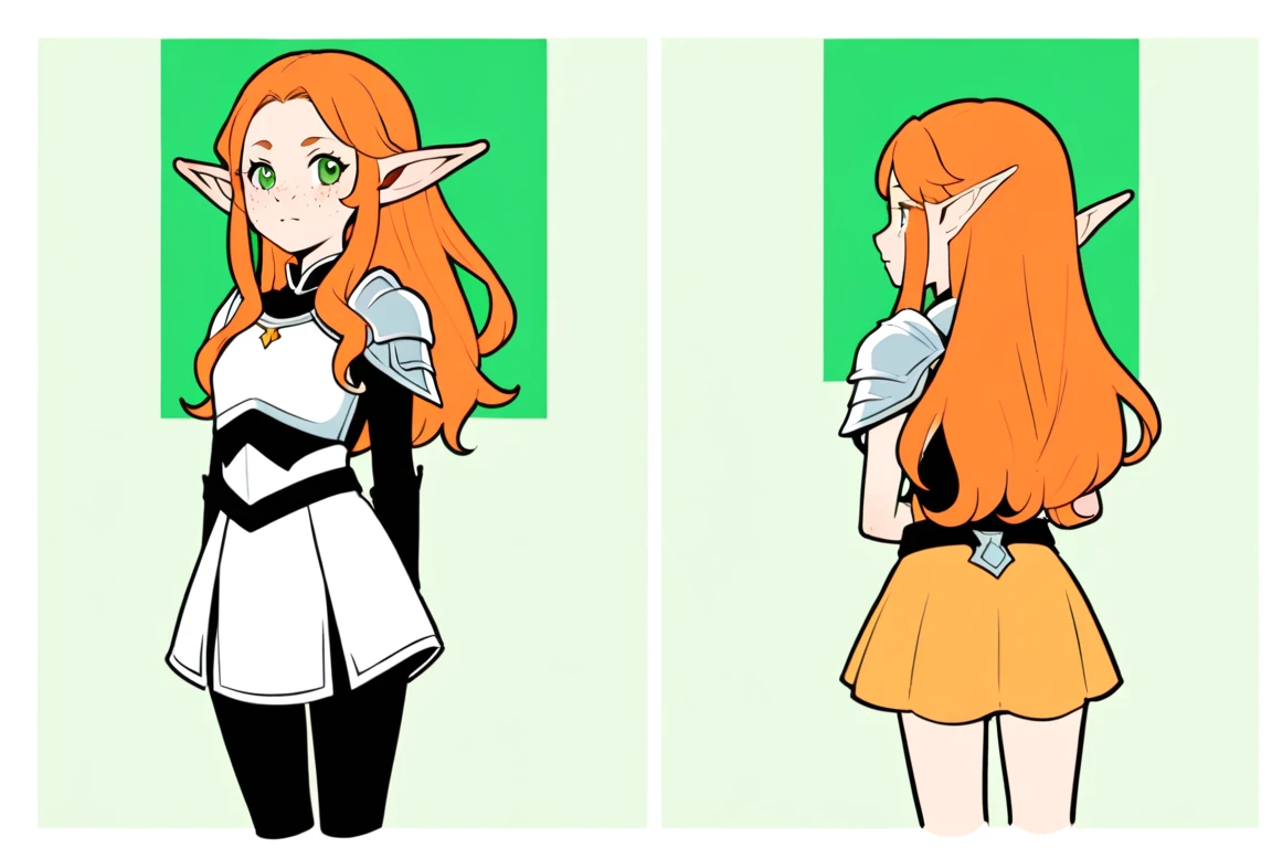 (The same character,front,side,back),Simple background,(whole body)girl,Orange hair,Long curly hair,Green eyes,Look ahead,Wearing armor,Freckles on the face,Elf ears,Short skirt,Equal proportions,The same clothes,Wearing the same shoes,whole body像