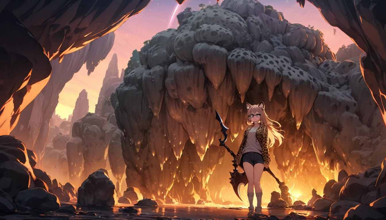((best quality)), ((highly detailed)), masterpiece, , (1girl), (glasses), full body, ((wet knee socks)), -(leopard girl, brown eyes), leopard ears, leopard-print fur, (outdoors, in a dark stone cave, stalagmite, stalactites, twilight, shooting star, sunnyday), scythe, holding scythe