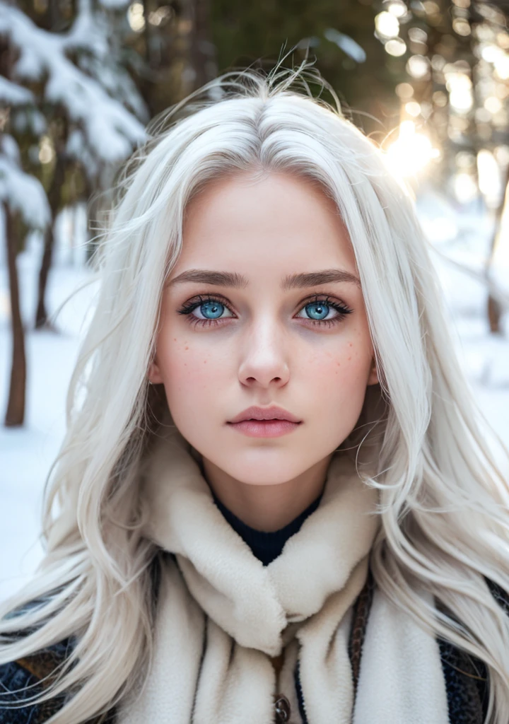 Raw photo, 1 girl,(White hair), long hair, Detailed stunning innocent symmetrical face, emotional, beautiful detailed eyes, windy, floating hair, snowy, upper body, detailed face, winter, trees, sunlight,best shadow,((Best quality, masterpiece)),(realistic, photorealistic),Eva_Elfie, sharp focus on the subject,Granularity,Detailed skin with visible pores, [[depth of field]]