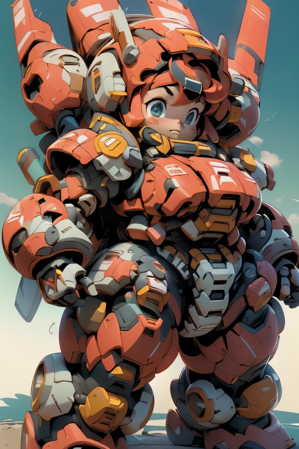 (((1 chibi girl in red-colored robot body costume floating under the blue skies, from below))), (bulky:1.7), ((chibi:1.5)), (niji:1.5), (white red color scheme:1.5), large cute face, mechanical parts, ((powerful stance:1.5)), ((mechanical wings)), ((dynamic pose)), (full armor:1.7), (((bulky armor:1.7))), (shoulder guards:1.2), (short body:1.8), (((huger body:1.7))), (heavy equipment:1.5), (helmet), white clouds, mecha, BJ_Cute_Mech, ROBOTANIMESTYLE, (RARS:1.5), (HRS:1.5) BREAK ((masterpiece)), vibrant colors, 8k, best quality, ultra detailed illustration, ((best quality)), ((high resolution)), flawless skin textures, shiny oiled skin, extremely detailed anime eyes , extreme light and shadow