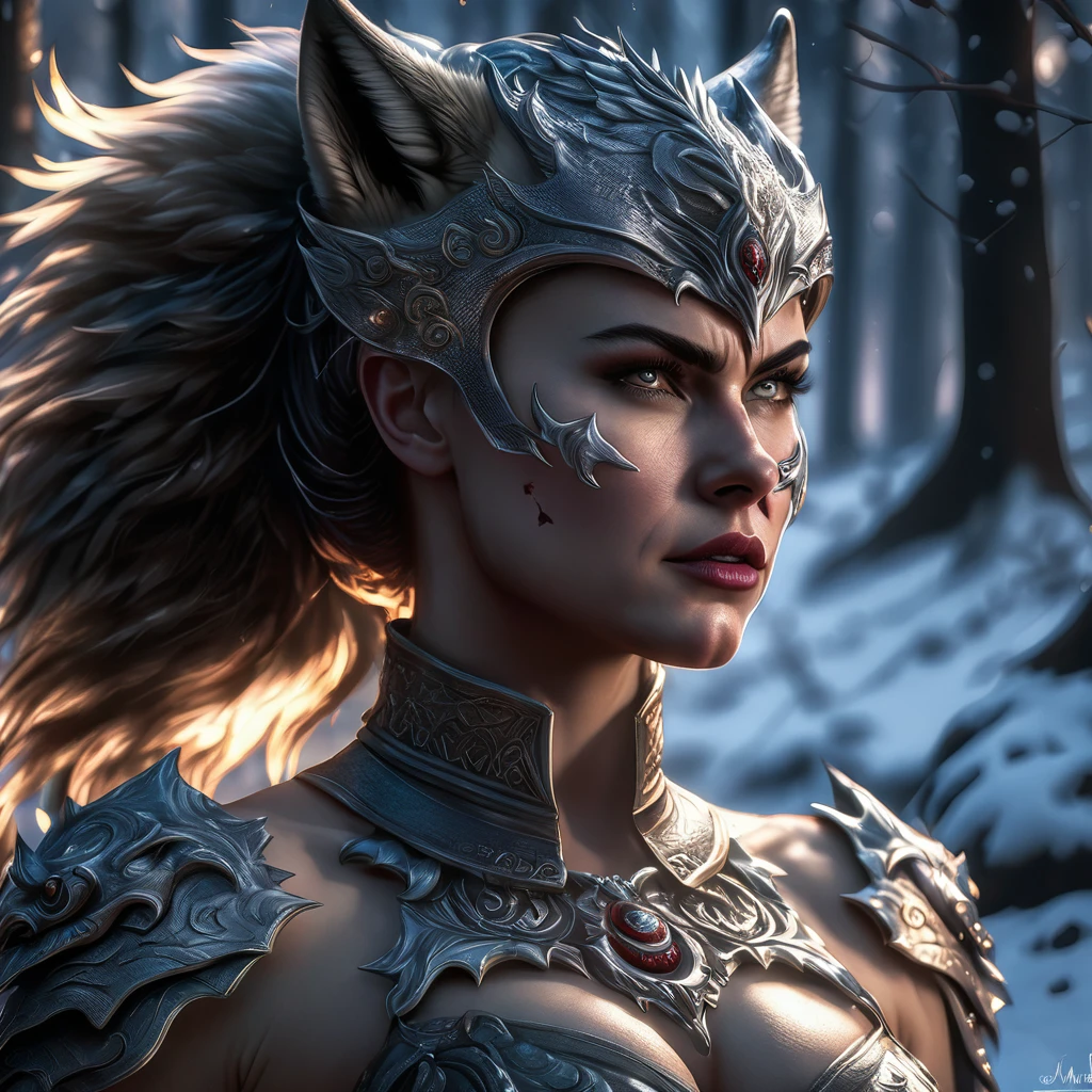 4k highly detailed realistic digital extremely high quality RAW photograph, a portrait photo of Sanna Marin that lived with wolves her whole life is now leading them to battle. torn clothes exposing (nude:1.4) body, armored pauldrons, fangs, curled horns, big breasts, ((snow and blood)), ((wolf tattoos)), epic, hyperrealistic, hyperrealism, 8k, cinematic lighting, greg rutkowski, wlop, (f1.8 short focus bokeh)
