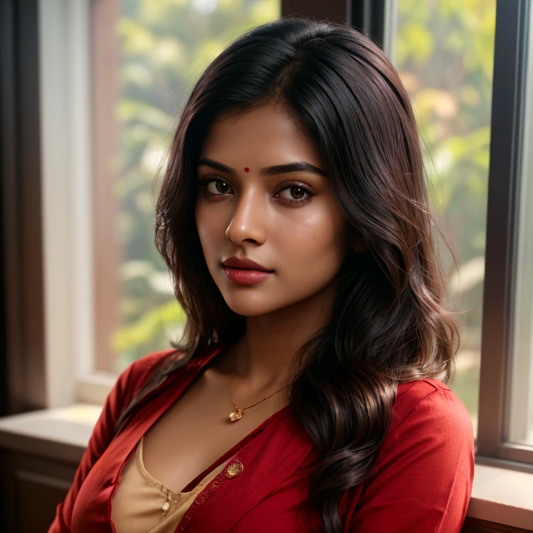 there is a Indian woman 32 age standing in front of a window with a red shirt, 7 0 mm portrait, 60mm portrait, indian girl with brown skin, sexy girl with dark complexion, 50mm portrait, indian, mid-shot portrait of a beautiful, photo of a beautiful woman, medium portrait soft light, 7 0 mm. dramatic lighting, 36dd, sexy hip, full body, epic character composition,by ilya kuvshinov, alessio albi, nina masic,sharp focus, subsurface scattering, f2, 35mm,36dd, Shallow depth of field, pastel color palette, Soft Lighting, Minimalistic, Modern, Digital painting, art by lois van baarle and ross tran and artgerm, Trending on Artstation HQ, highly detailed . shallow depth of field, vignette, highly detailed, high budget, bokeh, cinemascope, moody, epic, gorgeous, film grain, grainy