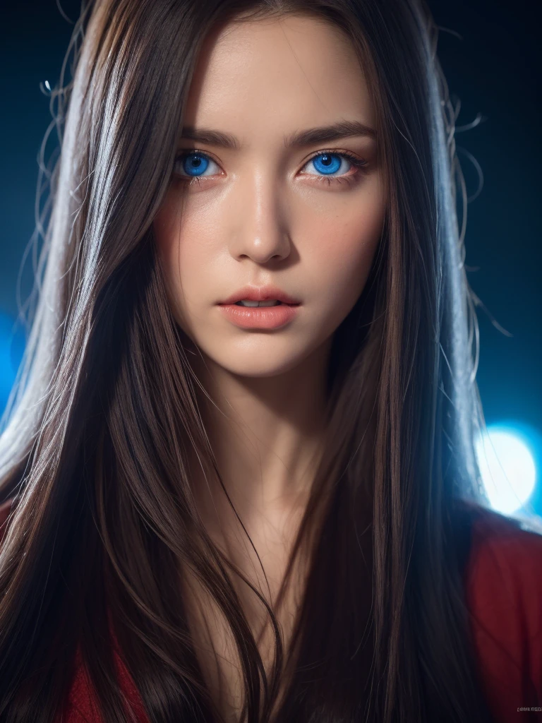 Best quality, 4K, high resolution, Masterpiece:1.2, super ultra detail, (Realistic, Photorealistic, photo-realistic:1.37), Vibrant red and blue eyes,Strong gaze,Mesmerizing eye contact,Fire-red iris,Dark blue shining stars,Shining pupils,Vivid colors,Portrait,Fantasy art,Magical red light,Ethereal beauty,Red color palette,Heterochromia is described in particular detail,Long yellow hair