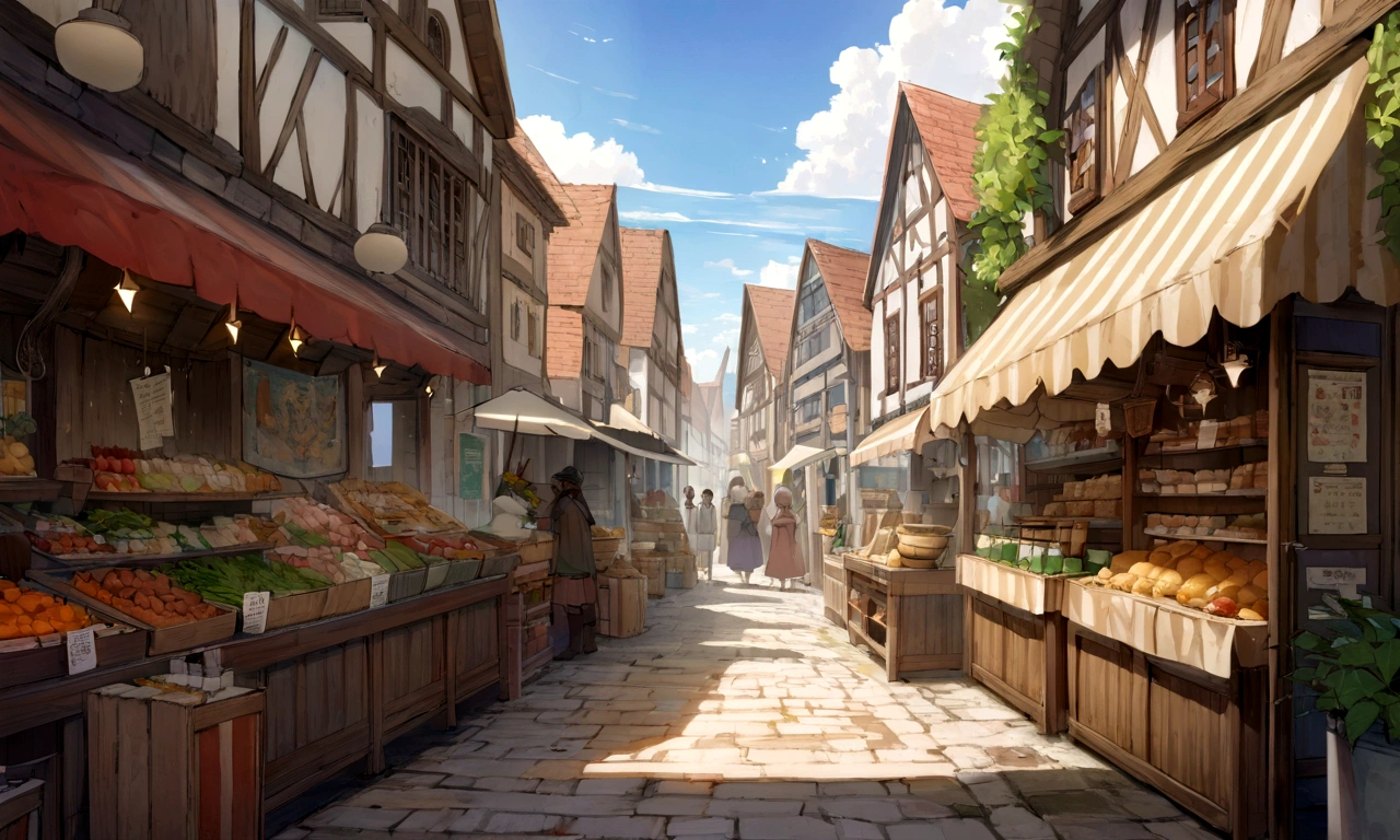 ((((masterpiece, Best Quality, High resolution)))), High detail, manga,anime,Illustrated style,Use of bright colors,Ghibli Studio「Howl's Moving Castle」The colors are like those used in daytime scenes., Medieval European fantasy worldview, There is no castle in the background,Target game prizes lined up on a wooden shelf, Herb bottles lined up as prizes at a food stall, Market Square during the day, Sparkling water gushes out in the sunlight., Bustling food stalls,No humans,人の着ている服はGhibli Studioの魔女の宅急便のような雰囲気, RPG-like scenery,The sky is bright blue、Fluffy white clouds floating, And the sun is shining brightly, Create a magical and cozy atmosphere,
