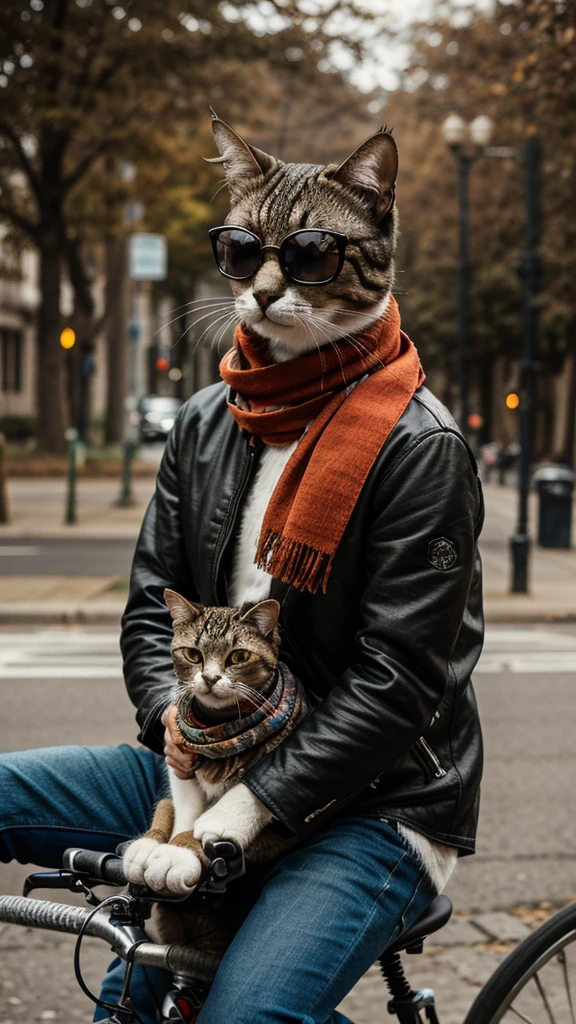 araffe cat wearing sunglasses and scarf riding a bicycle, biker, looking heckin cool and stylish, riding a bicycle, awesome cat, cat riding a bicycle, !!! cat!!!, hipster, cat design, anthropomorphic cat, high quality portrait,, riding on the road, high quality wallpaper, !!!! cat!!!!, funny cat, motorcycles