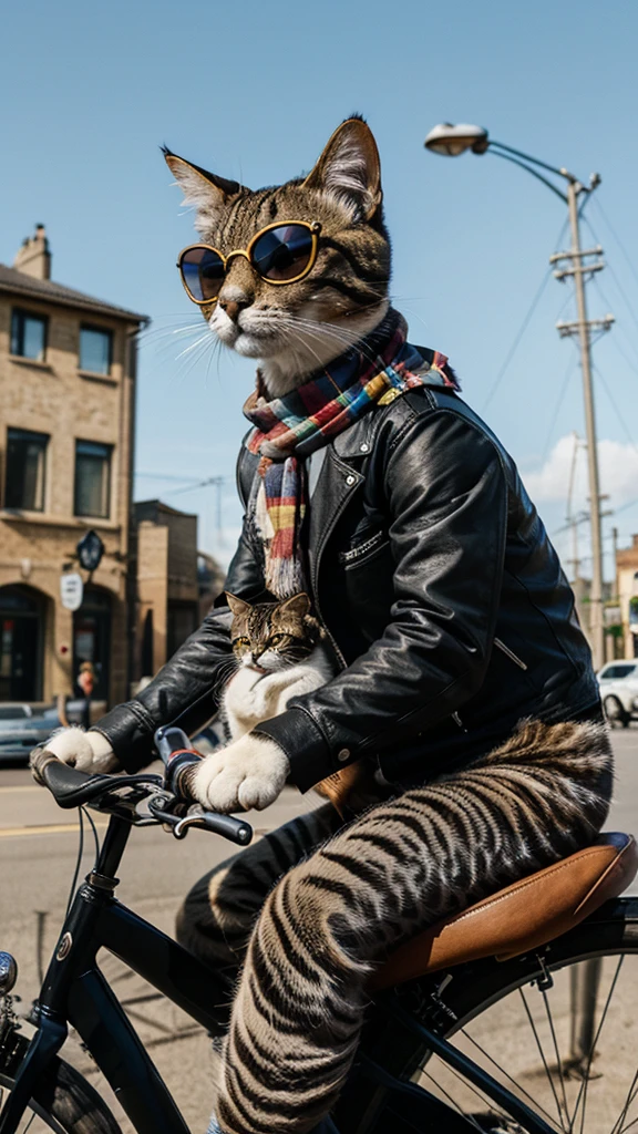 araffe cat wearing sunglasses and scarf riding a bicycle, biker, looking heckin cool and stylish, riding a bicycle, awesome cat, cat riding a bicycle, !!! cat!!!, hipster, cat design, anthropomorphic cat, high quality portrait,, riding on the road, high quality wallpaper, !!!! cat!!!!, funny cat, motorcycles