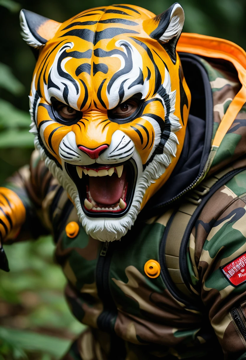 (a dark-skinned fat old man in a bulky camouflage zipper diver suit) fighting pose and (wearing roaring siberian tiger mask that show the wearer eyes), muscular, Basuki Abdullah, sumatraism, action, a character portrait, heroic, fierce, snarling