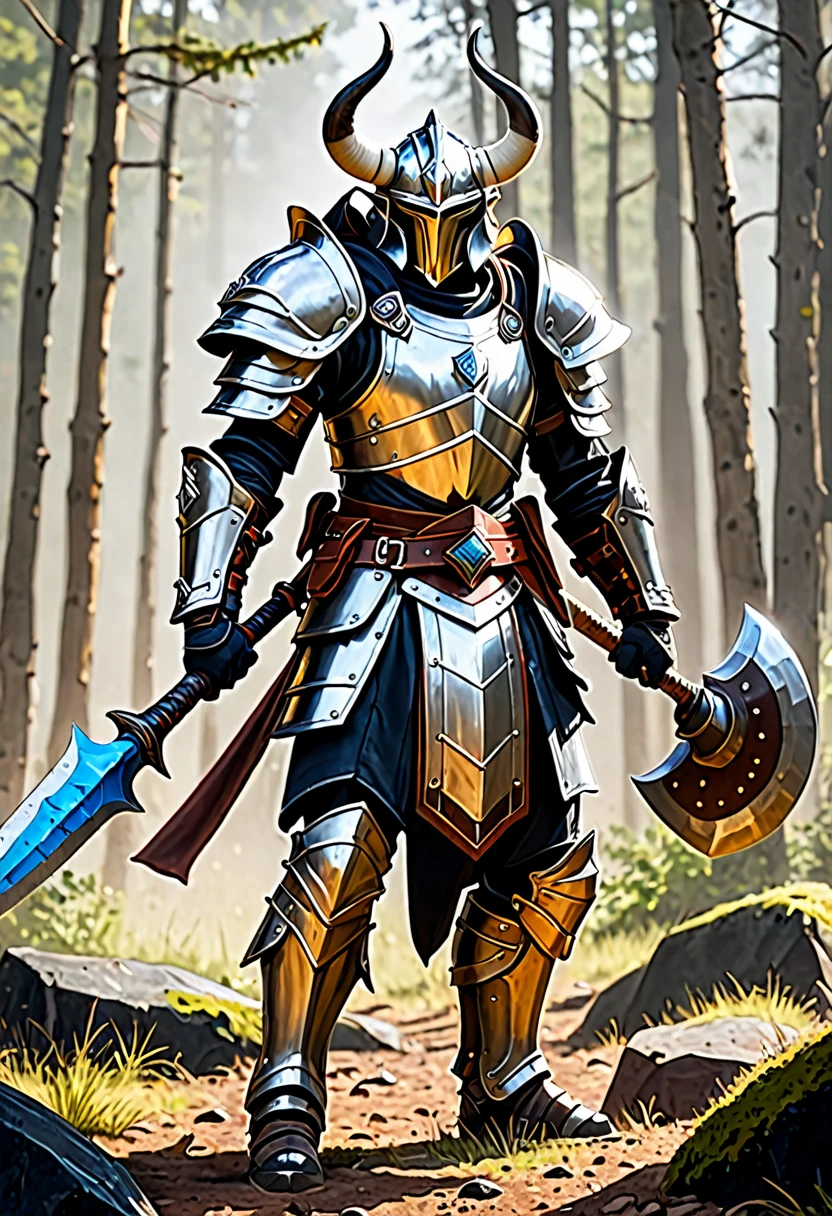a warrior wearing high tech plate armor with tusks while wielding 2 small hand axes