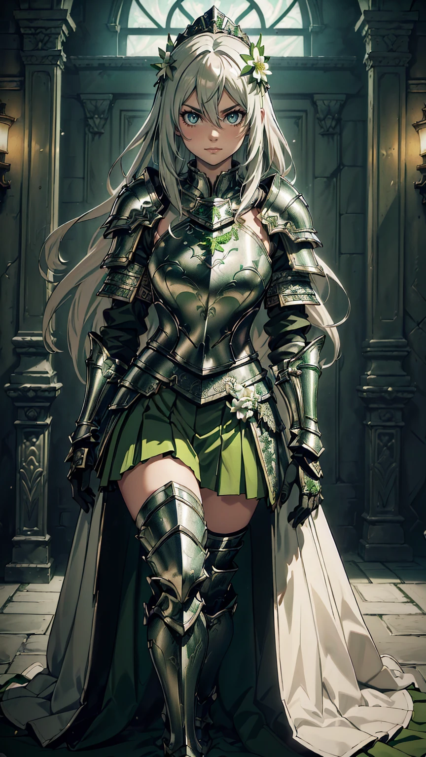 最high quality、Ultra High Definition, Ultra High Quality, Hyper Definition, Hyper Quality, Hyper Detailed, Extremely Detailed, Perfectly Detailed, Best image quality、masterpiece、woman((20-year-old、Sitting, By becoming、Best Bust、Medium Bust, Noble Armor, Green glowing eyes, Silver long Hair、Disheveled Hair、Long White Hair、thin, Glove、Green Skirt,  Smirk、Hair White Flower Barrette、Armored With Full Coverage Noble Plate Armor, Leg Armor,)),high quality、Beautiful art、background((Inside the mansion))、Written boundary depth、movie、Visual Arts、Perfect art、8K,Genuine、