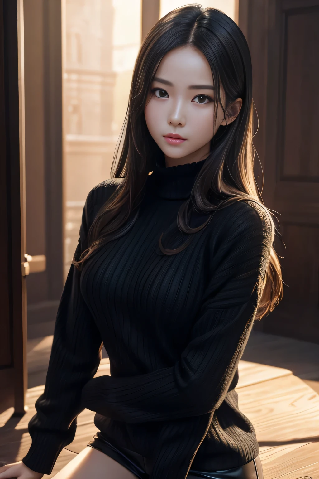 超A high resolution、masterpiece、top-quality、 extra detailed face、A detailed eye、Very complex and、Perfect shiny shiny skin、Perfect litthing、detailed lighting、Dramatic shadows、Ray Tracing、 1girl、The upper part of the body、Black sweater、looking at the viewers、