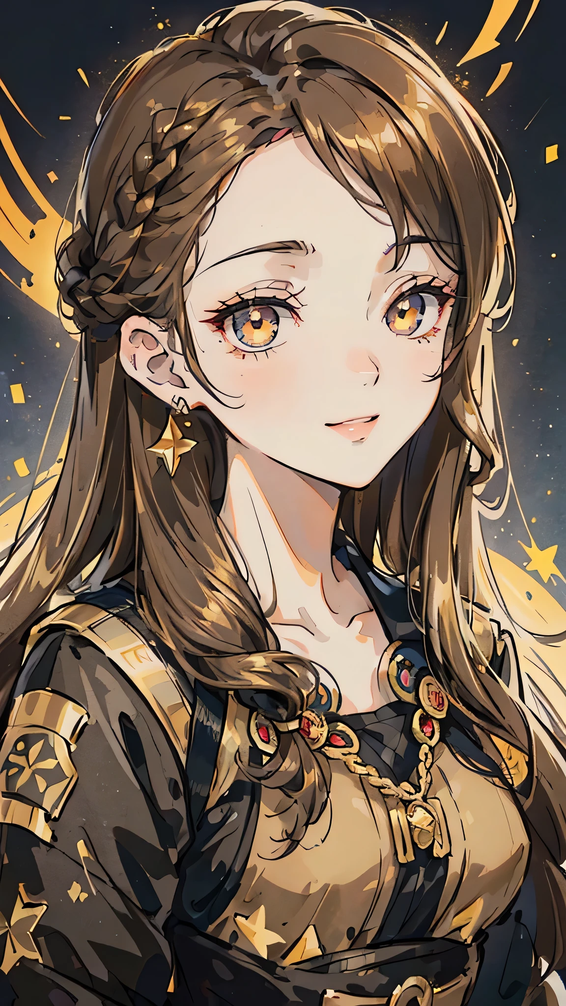 Woman , FOV, f1.8, masterpiece, front portrait shot, black and gold casual modern clothing, plain gold colored background, close up, smiling, front bangs, braid on the left side of hair, ( Woman))( ( golden colored eye in the right eye) ) ( (dark gray eye in the left eye) ) ( ( star-shaped pupil in the left eye) ), ( ( dark brown hair in the half right side of hair) ), ( (light brown hair in the half left side of hair ) ), ( (split dyed hair ) ) , star shaped eye pupil, white colored eye pupil, full front bangs