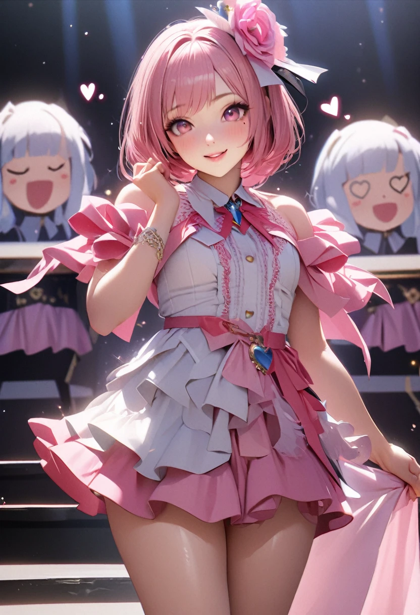 One Girl、Looking at the audience、
Beautiful pink eyes、Pink bob hair、,Her name is Mei, Mole under the eye、Plump and glossy lips、Heart-shaped choca、Idol、Her name is Rico,smile、ー、。.。.。.。.。.。.。.。.。.。.。.。.。.。.。.。.。.。.3D、Realistic、
IDOL costumes、Short skirt,Drape clothes、gem、The decoration has been removed、Floral、Lace trim,On a glittering stage、
masterpiece、highest quality、8k、Detailed skin texture、Detailed cloth texture、Beautifully detailed face、Intricate details、Very detailed、
超A high resolution、8k Ultra HD、Film Grain、Best Shadow、delicate、Gazing at the audience、front