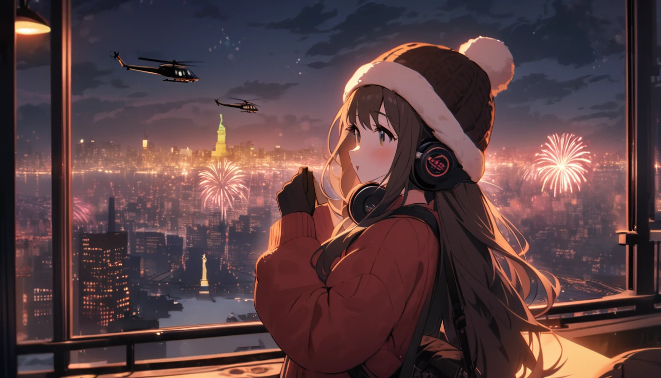 lofi relaxed one brunette girl with headphones walks in streets of NYC. (helicopter) in roof of building. winter night. beautiful landscape of NYC with statue of liberty, fireworks, in night sky. travel. tourist. sweater, gloves, winter hat. long hair. new year eve