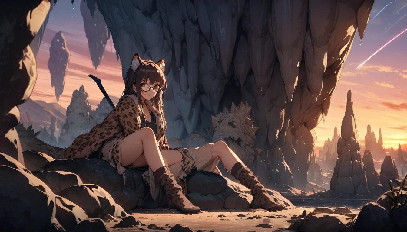 ((best quality)), ((highly detailed)), masterpiece, , (1girl), (glasses), full body, ((wet knee socks)), -(leopard girl, brown eyes), leopard ears, leopard-print fur, (outdoors, in a dark stone cave, stalagmite, stalactites, twilight, shooting star, sunnyday), scythe, holding scythe