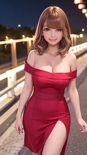 night、On the bridge overlooking the highway、1 girl、Walking、Bob Hair、Brown Hair、Medium breast、She is wearing a tight strapless off-the-shoulder Chinese dress.、smile、Detailed Background、Raw photo、masterpiece、Highest quality、16k、Accurate Face、Beautiful face、Anatomically correct body、Shot to the knee、