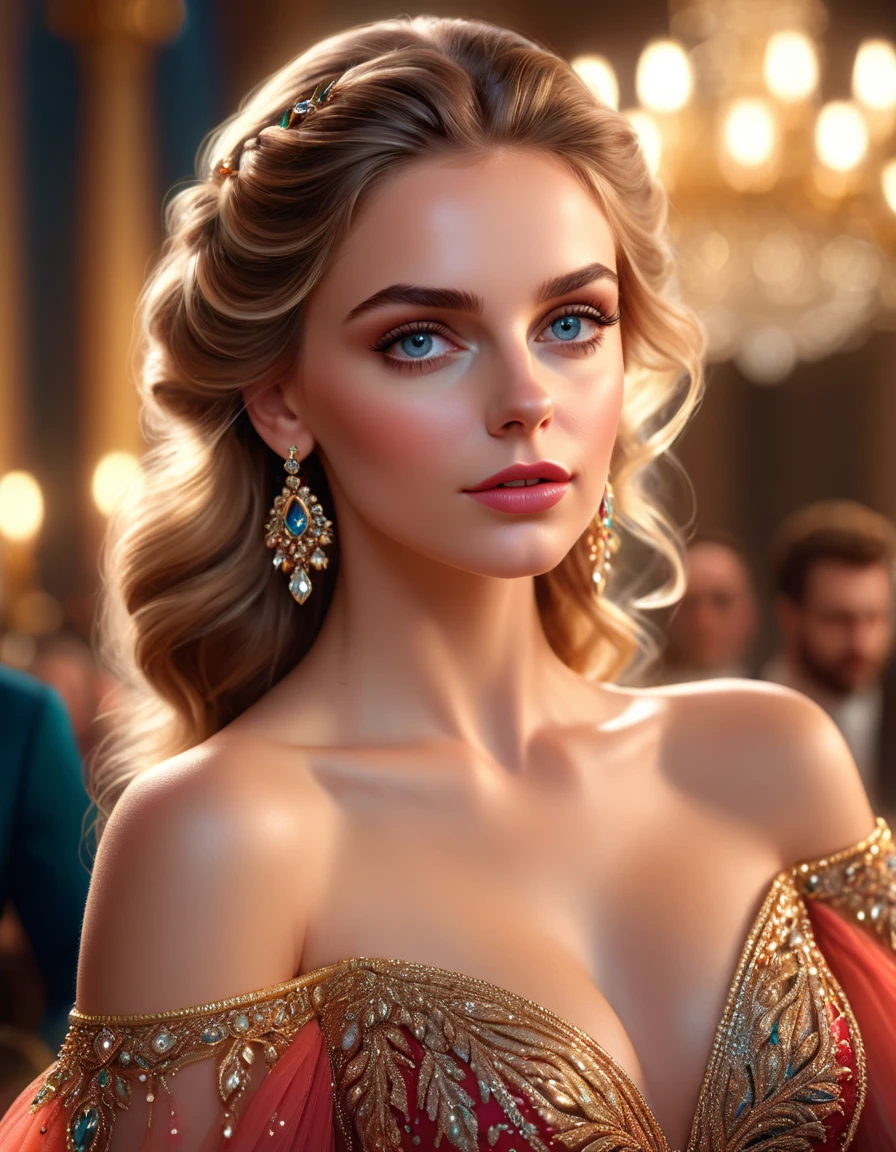 a beautiful woman, detailed face, detailed eyes, detailed lips, long eyelashes, elegant hairstyle, intricate jewelry, luxurious dress, graceful pose, serene expression, glowing skin, dramatic lighting, cinematic composition, vibrant colors, realistic rendering, (best quality,4k,8k,highres,masterpiece:1.2),ultra-detailed,(realistic,photorealistic,photo-realistic:1.37)