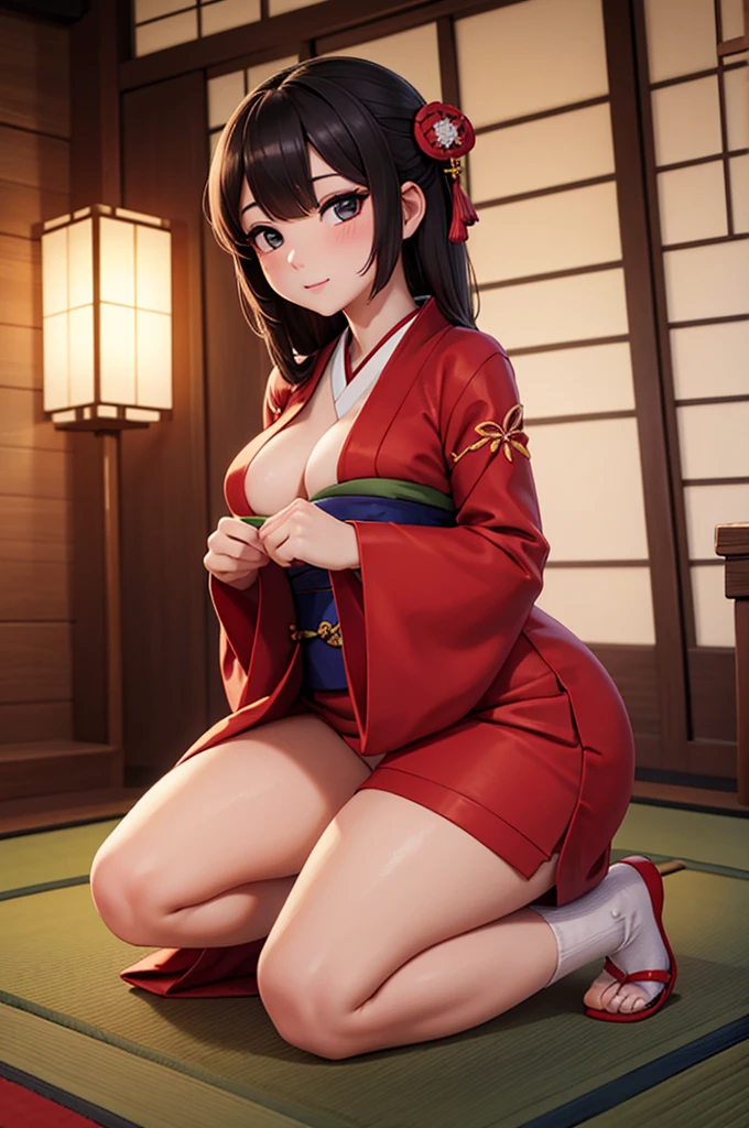 A sexy female in traditional japanese clothes, kneeling