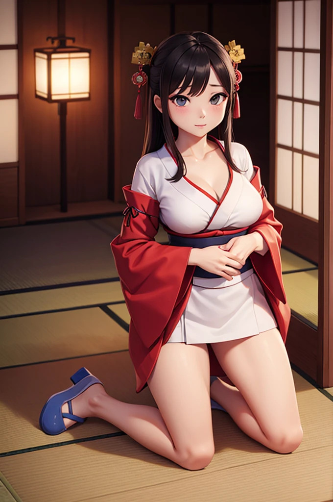 A sexy female in traditional japanese clothes, kneeling