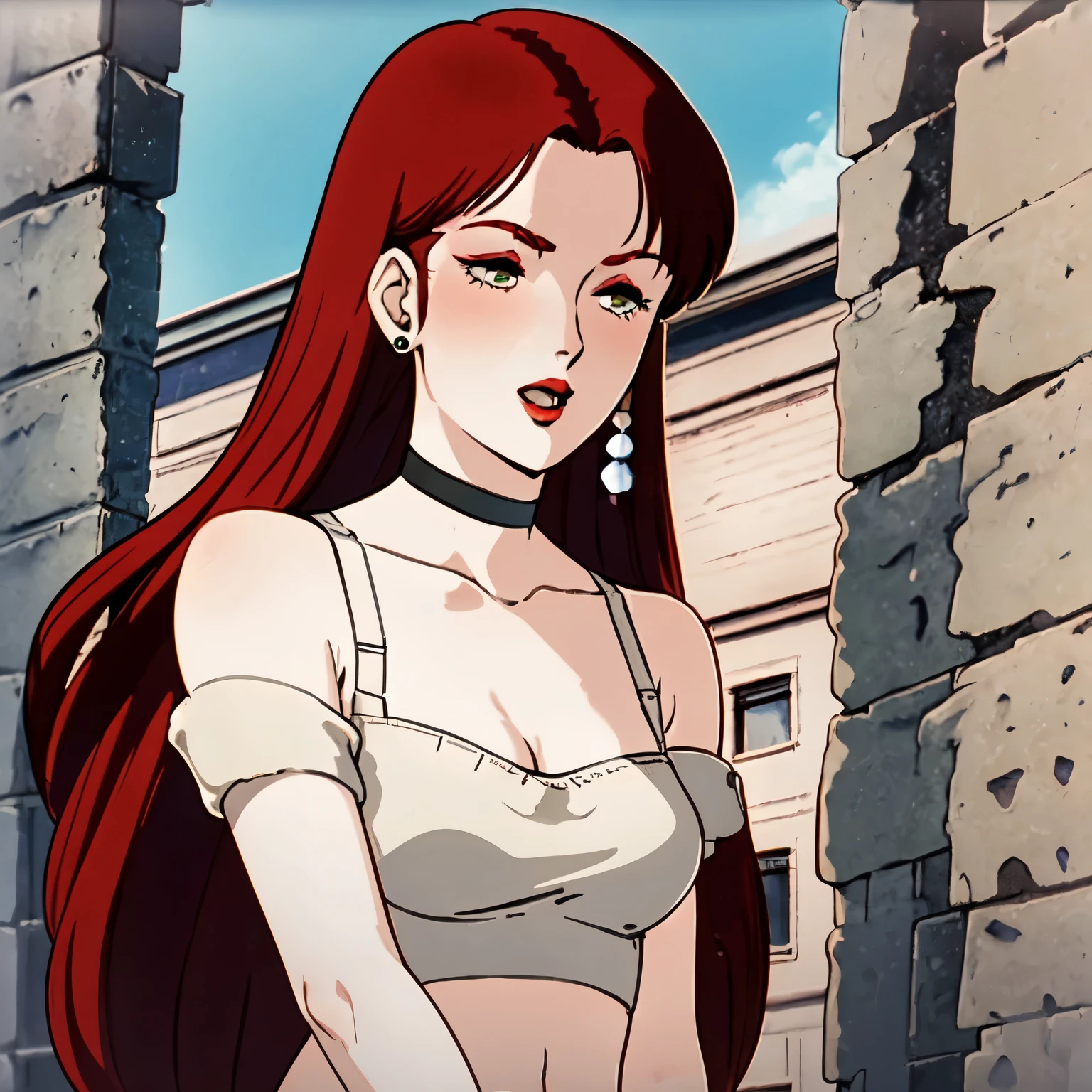 masterpiece,highres,high quality,upscaled,christinamackenzie,1girl, bare shoulders, (bra:1.2), belly, earrings, (red eyeshadow: 1.2), half closed eyes, open mouth, (red lips:1.1), choker, (face blush:1.1), (pale skin:1.2), (long hair:1.2),green eyes,parted bangs,red hair, 