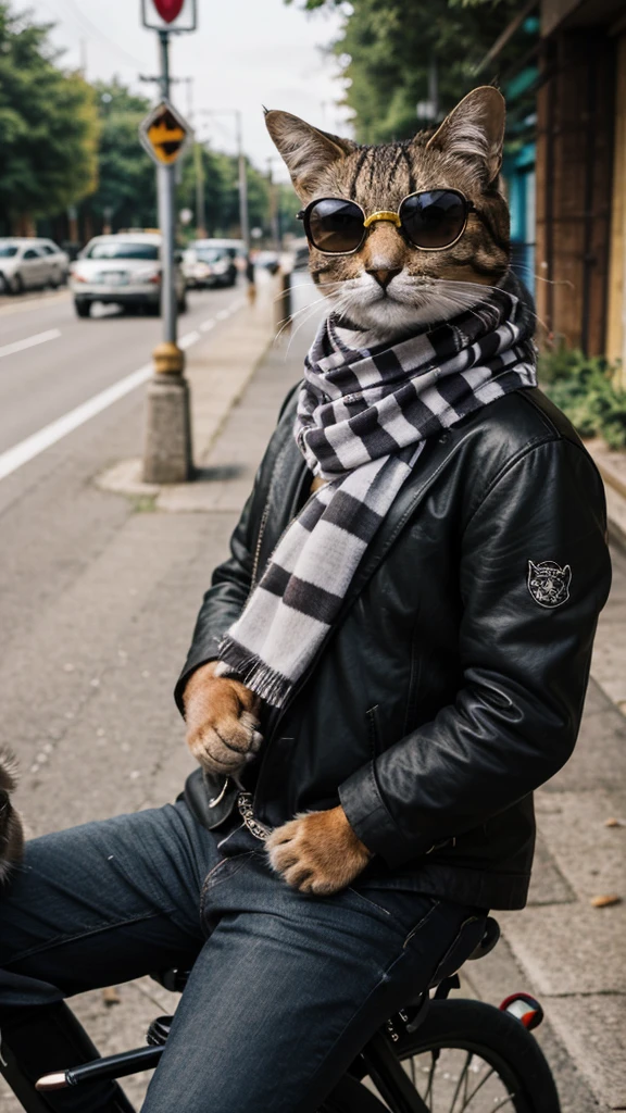 araffe cat wearing sunglasses and scarf riding a bicycle, biker, looking heckin cool and stylish, riding a bicycle, awesome cat, cat riding a bicycle, !!! cat!!!, hipster, cat design, anthropomorphic cat, high quality portrait,, riding on the road, high quality wallpaper, !!!! cat!!!!, funny cat, motorcycles