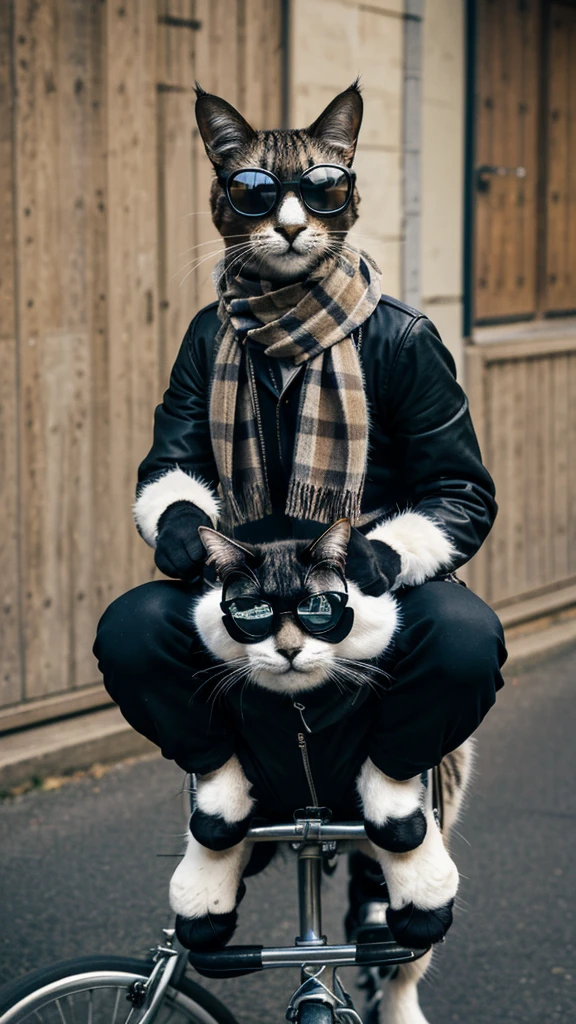 araffe cat wearing sunglasses and scarf riding a bicycle, biker, looking heckin cool and stylish, riding a bicycle, awesome cat, cat riding a bicycle, !!! cat!!!, hipster, cat design, anthropomorphic cat, high quality portrait,, riding on the road, high quality wallpaper, !!!! cat!!!!, funny cat, motorcycles