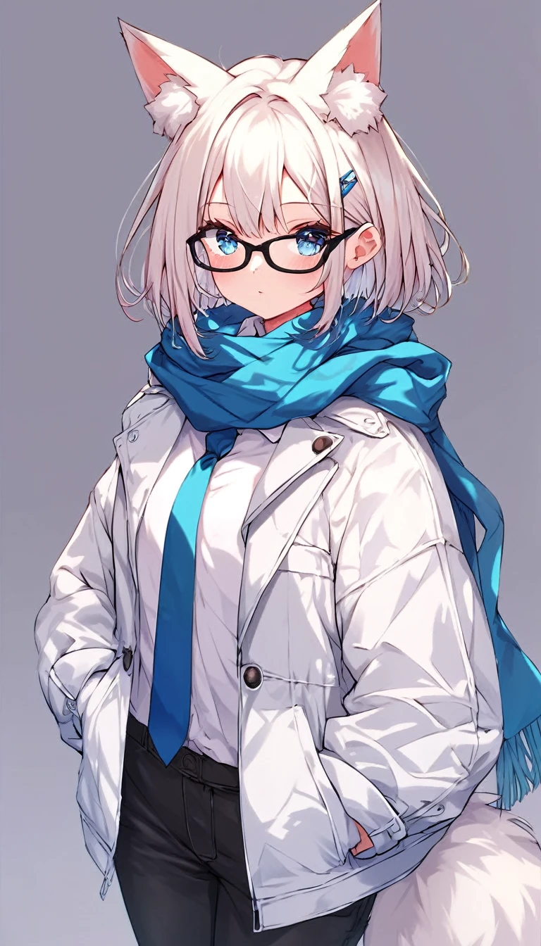 score_9, score_8_superior, score_7_superior, score_6_superior,a character in a coat and glasses walking through a hospital room with someone else next to him, 1girl, animal ears, glasses, solo, blue eyes, black-framed eyewear, scarf, blue necktie, pants, blue scarf, necktie, shirt, tail, animal ear fluff, looking at viewer, hands in pockets, white shirt, fox ears, long sleeves, open clothes, white hair, jacket, coat, black pants