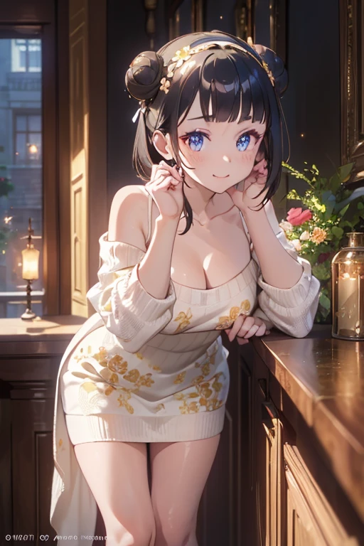 (((Masterpiece))),(((Super Detail))),(((in 8K))),(((best composition))),(((Rim lighting,Fireglow effect,deep shadow))),solo),Beautiful fingers,Detailed finger features,(Detailed hair features:1.7),(Dynamic and y bending pose:1.3),detailed facial features,detailed clothes features, (perky chest:1.1), (pointed chest:1.3), delicate beautiful face, Bright blue eyes, cute eyes, sparkling eyes, Big eyes, beautiful detailed eyes,double bun with glittering hair ornament:0.6,(super detailed glossy skin:1.3),slender body,goddess smile,((with sparkling eyes and a contagious smile)),beautiful posture,have a cup of coffee,black hair, red eyes, dress, bare shoulders, jewelry, collarbone, sidelocks, hairband, earrings, indoors, off shoulder, sweater, arms behind back, plant, short hair with long locks, white hairband, off-shoulder dress, sweater dress, off-shoulder sweater, red sweater, big side hair, very long side hair,(super delicate floral pattern:1.2),seductive cle3,beautiful glossy legs,shiny red high heels,lifting dishes with cakesd,french restaurant,hustle and bustle,rising steam,(((depth of fields)))