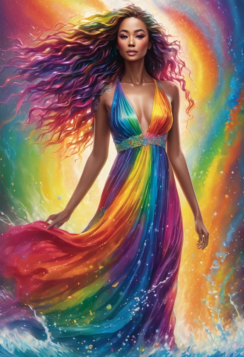 "A digital masterpiece of a woman adorned in a flowing, rainbow-hued dress, her hair a vibrant spectrum of colors, standing in a shower of shimmering, multicolored water."