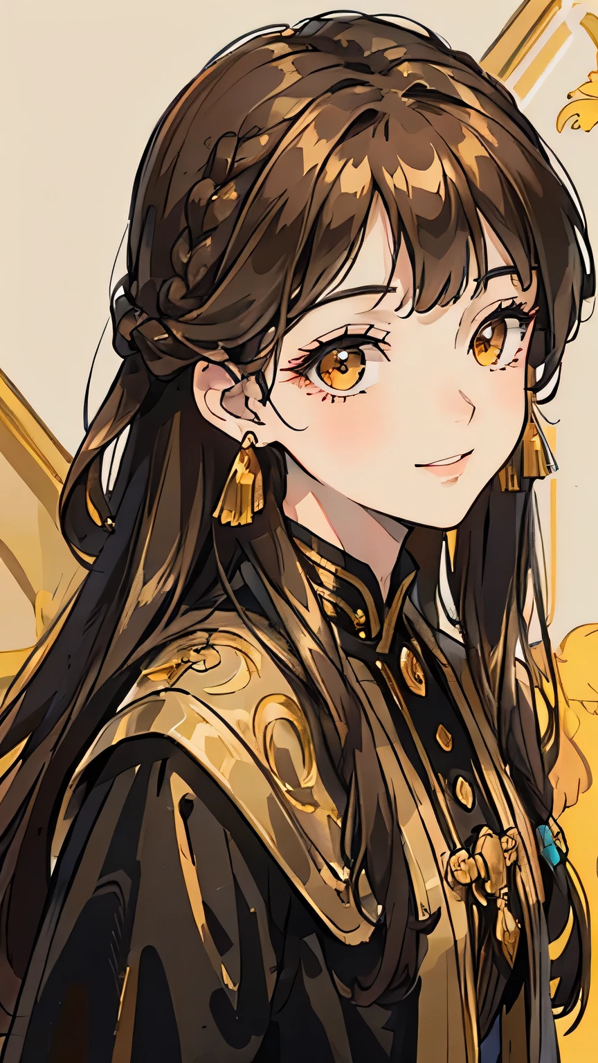 Woman , long dark brown hair, long dark brown hair , golden eyes, golden eyes, FOV, f1.8, masterpiece, front portrait shot, black and gold clothing, plain gold colored background, close up, smiling, front bangs, braid on the left side of hair, full front bangs